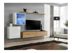 Conjunto de móveis para sala de estar SWITCH XV, design mural, na cor carvalho Wotan e branco brilhante.
