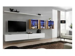 Conjunto de móveis para sala de estar SWITCH XVII, design mural, na cor branco brilhante e carvalho Wotan.