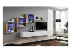 Conjunto de móveis para sala SWITCH XX design, cor branco brilhante e carvalho Wotan.