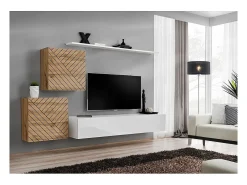 Conjunto de móveis para sala de estar SWITCH V, cores carvalho e branco com acabamentos em carvalho fresado e branco brilhante.