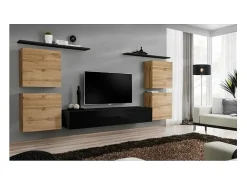 Conjunto de móveis para sala de estar SWITCH IV design, cor preto brilhante e carvalho Wotan.