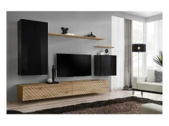 Conjunto de móveis para sala de estar SWITCH II design, nas cores preto e carvalho wotan. Acabamentos em preto brilhante efeito e carvalho fresado.