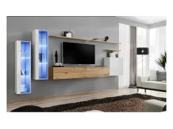 Conjunto de móveis para sala de estar SWITCH XI, design de parede, na cor carvalho Wotan e branco brilhante.