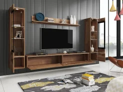 Conjunto de móveis para sala com LED 4 elementos – rack 180 cm, 2 vitrines e prateleira, composição de parede de pé ou suspensa carvalho Wotan