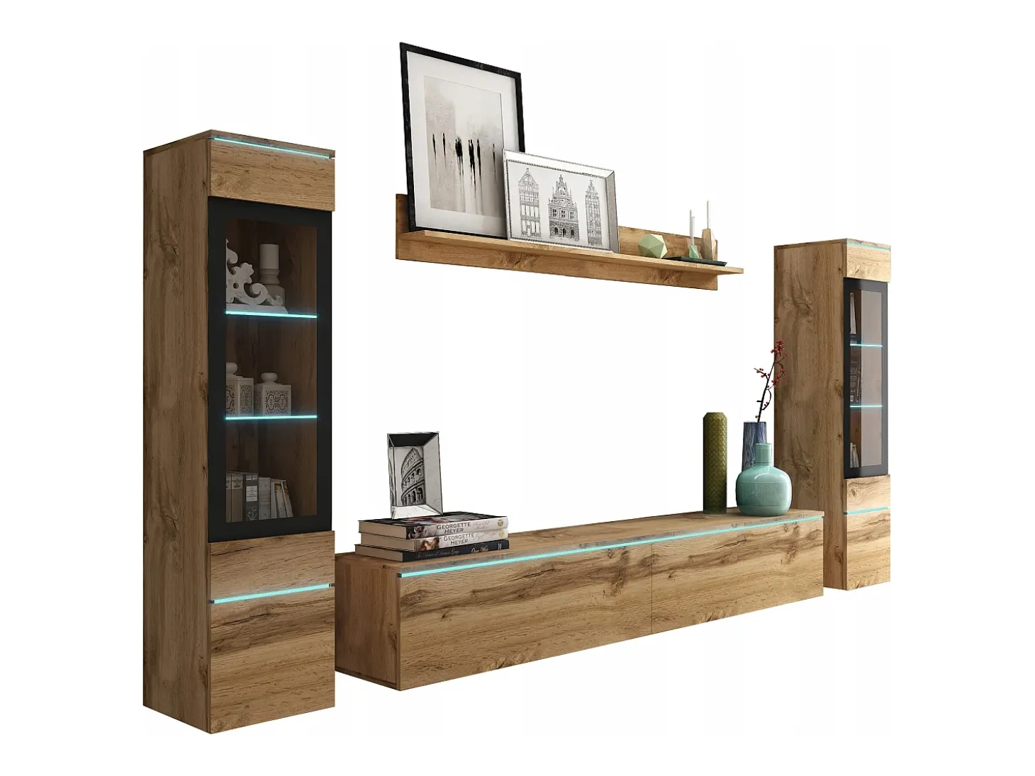 Conjunto de móveis para sala com LED 4 elementos – rack 180 cm, 2 vitrines e prateleira, composição de parede de pé ou suspensa carvalho Wotan