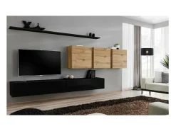 Conjunto de móveis para sala de estar SWITCH VII design, cor preto brilhante e carvalho Wotan.