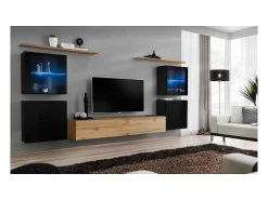 Conjunto de móveis para sala de estar mural SWITCH XIV design, cor carvalho Wotan e preto brilhante.
