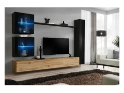 Conjunto de móveis para sala de estar SWITCH XVIII design, cor carvalho Wotan e preto brilhante.