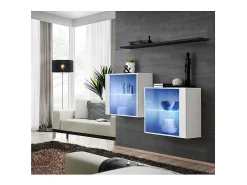 Conjunto de móveis para sala de estar SWITCH SBIII, design moderno, na cor branco brilhante com porta de vidro e sistema de LED integrado, prateleira preta.