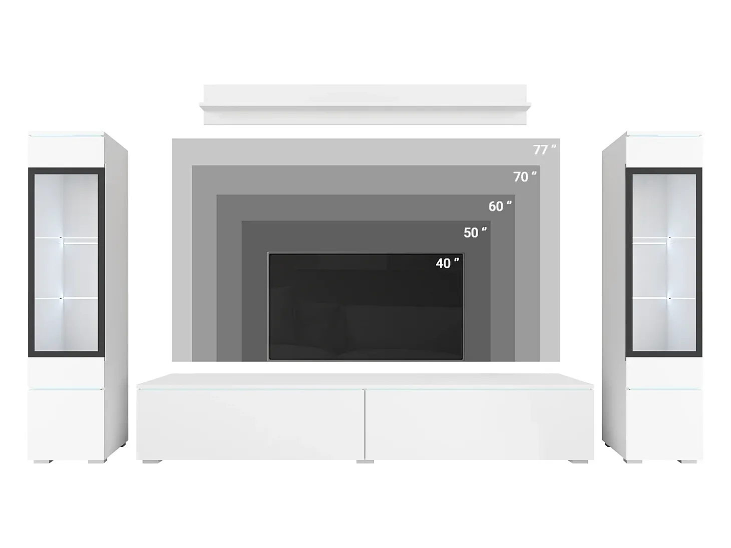 Conjunto de móveis para sala com LED 4 elementos – rack 180 cm, 2 vitrines e prateleira, composição de parede de pé ou suspensa, verde névoa