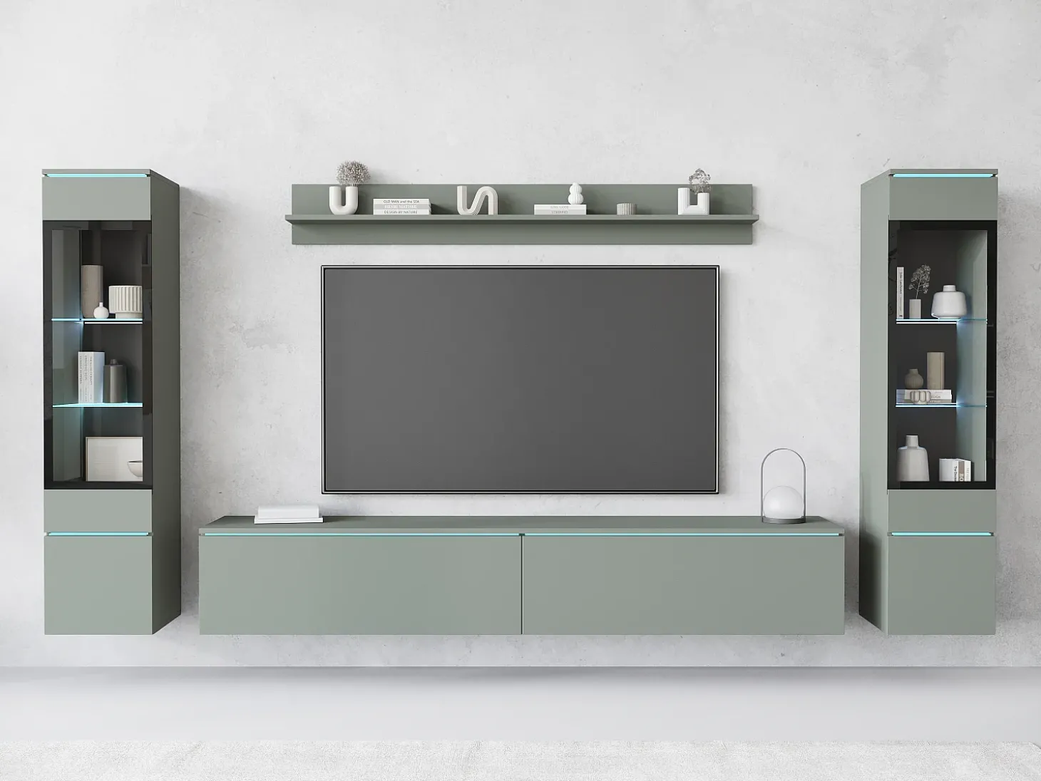 Conjunto de móveis para sala com LED 4 elementos – rack 180 cm, 2 vitrines e prateleira, composição de parede de pé ou suspensa, verde névoa