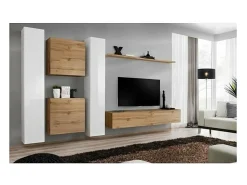 Conjunto de móveis para sala de estar mural SWITCH VI design, na cor carvalho Wotan e branco brilhante.