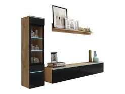 Conjunto de móveis para sala 3 elementos com LED – rack 180 cm, vitrine e prateleira, corpo carvalho Wotan, frentes preto brilho