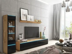 Conjunto de móveis para sala 3 elementos com LED – rack 180 cm, vitrine e prateleira, corpo carvalho Wotan, frentes preto brilho