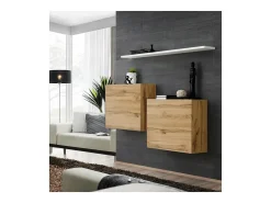 Conjunto de móveis para sala de estar SWITCH SBI design, cor carvalho Wotan e prateleira branca.