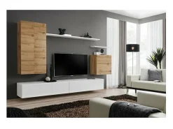 Conjunto de móveis para sala SWITCH II design, cor carvalho Wotan e branco brilhante.