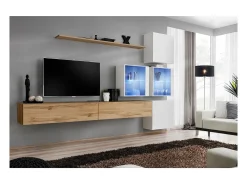 Conjunto de móveis para sala de estar SWITCH XIX, design em carvalho Wotan e branco brilhante.