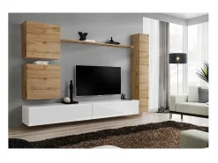 Conjunto de móveis para sala de estar SWITCH VIII. Móvel de TV de parede, design moderno, nas cores branco brilhante e carvalho Wotan.
