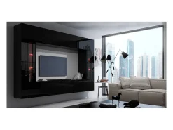 Conjunto de móveis para sala de estar na cor preta, coleção CEPTO XXVIII, suspensos. 249cm, 8 móveis, com LEDs, moduláveis.