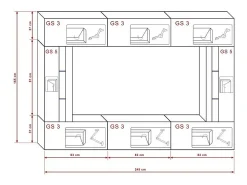 Conjunto de móveis para sala de estar na cor preta, coleção CEPTO XXVIII, suspensos. 249cm, 8 móveis, com LEDs, moduláveis.