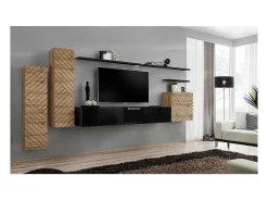 Conjunto de móveis para sala SWITCH I design, cor carvalho wotan e preto. Acabamentos de fachadas com efeito de carvalho fresado.