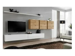 Conjunto de móveis para sala de estar SWITCH VII design, cor branca brilhante e carvalho Wotan.