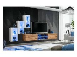 Conjunto de móveis para sala de estar SWITCH XXII, design, nas cores branco e carvalho.