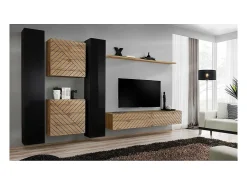 Conjunto de móveis para sala de estar SWITCH VI. Cores preto e carvalho com acabamento preto brilhante e efeito de carvalho fresado.