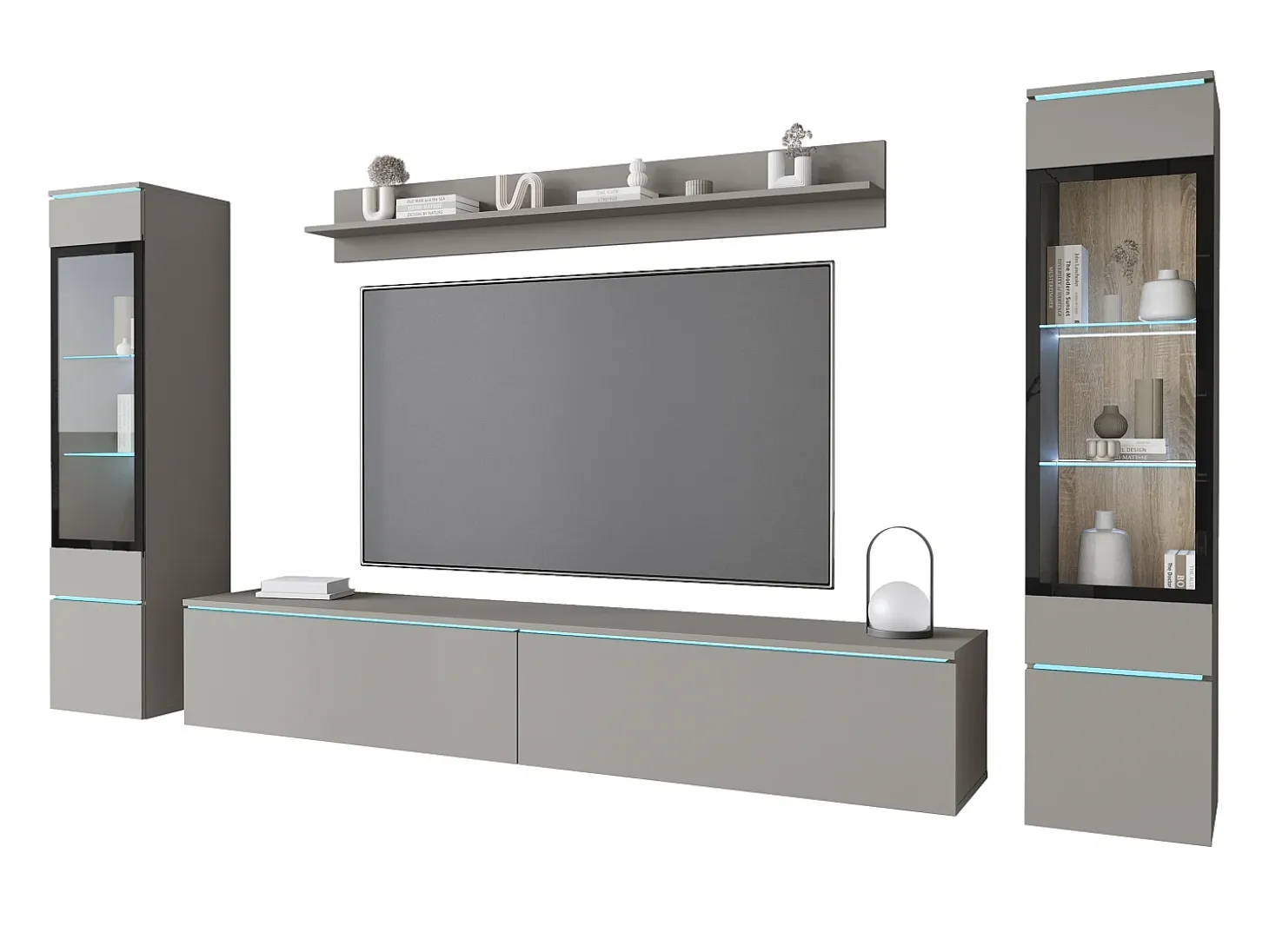 Conjunto de móveis para sala com LED 4 elementos – rack 180 cm, 2 vitrines e prateleira, composição de parede de pé ou suspensa, cinza Pallad