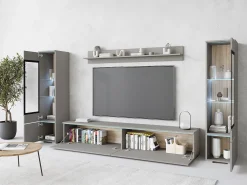 Conjunto de móveis para sala com LED 4 elementos – rack 180 cm, 2 vitrines e prateleira, composição de parede de pé ou suspensa, cinza Pallad