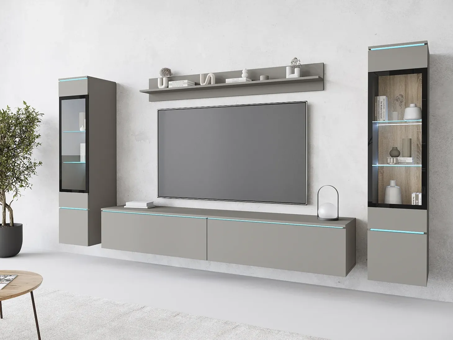 Conjunto de móveis para sala com LED 4 elementos – rack 180 cm, 2 vitrines e prateleira, composição de parede de pé ou suspensa, cinza Pallad