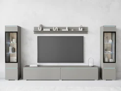 Conjunto de móveis para sala com LED 4 elementos – rack 180 cm, 2 vitrines e prateleira, composição de parede de pé ou suspensa, cinza Pallad