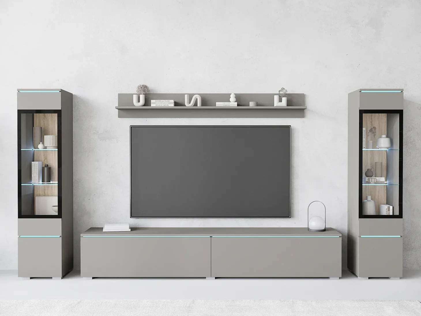 Conjunto de móveis para sala com LED 4 elementos – rack 180 cm, 2 vitrines e prateleira, composição de parede de pé ou suspensa, cinza Pallad