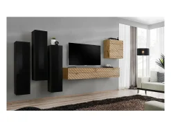 Conjunto de móveis para sala SWITCH III design, nas cores preto e carvalho. Acabamentos brilhantes e efeito de carvalho fresado.
