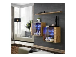 Conjunto de móveis para sala de estar SWITCH SBIII design, cor carvalho Wotan e porta de vidro com sistema LED integrado.