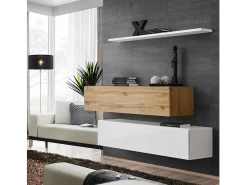 Conjunto de móveis para sala de estar SWITCH SBII, design, na cor branco brilhante e carvalho Wotan.