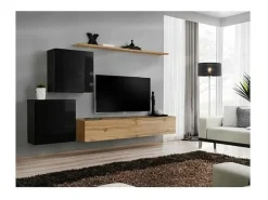 Conjunto de móveis para sala SWITCH V design, cor carvalho Wotan e preto brilhante.