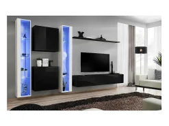 Conjunto de móveis para sala de estar SWITCH XVI, design mural, nas cores preto e branco brilhante.