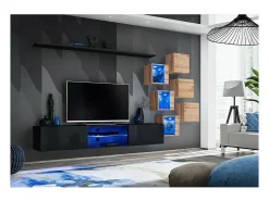 Conjunto de móveis para sala de estar SWITCH XXI design, nas cores preto e carvalho.