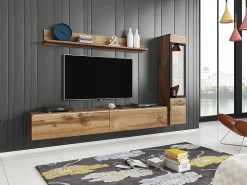 Conjunto de móveis para sala 3 elementos com LED – rack 180 cm, vitrine e prateleira, carvalho Wotan