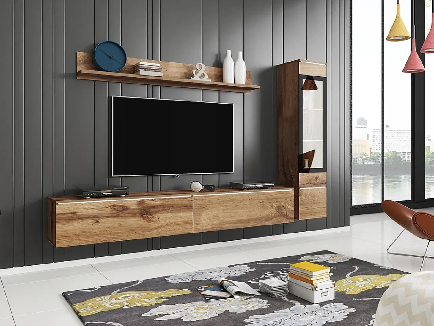 Conjunto de móveis para sala 3 elementos com LED – rack 180 cm, vitrine e prateleira, carvalho Wotan