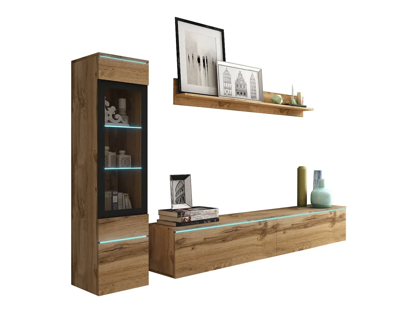 Conjunto de móveis para sala 3 elementos com LED – rack 180 cm, vitrine e prateleira, carvalho Wotan
