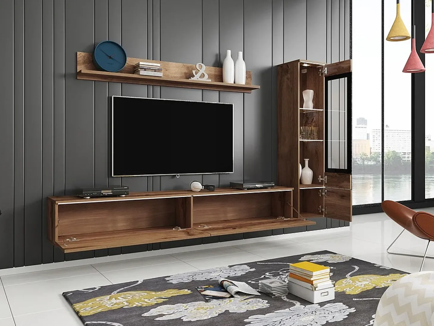 Conjunto de móveis para sala 3 elementos com LED – rack 180 cm, vitrine e prateleira, carvalho Wotan