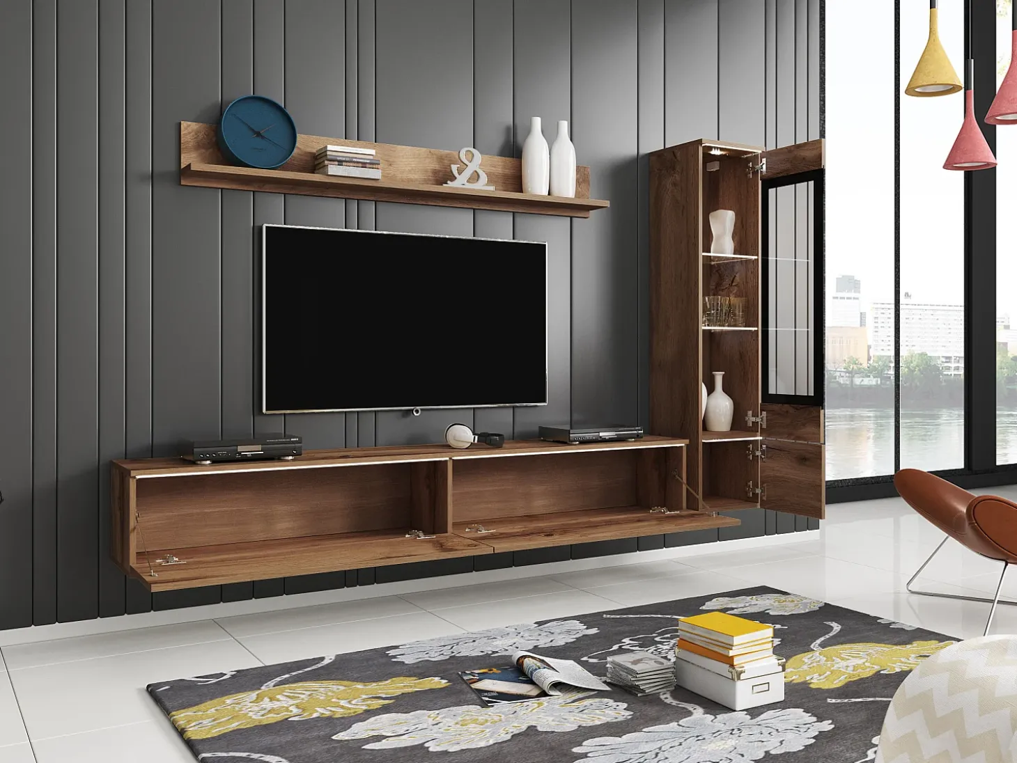Conjunto de móveis para sala 3 elementos com LED – rack 180 cm, vitrine e prateleira, carvalho Wotan