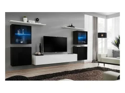 Conjunto de móveis para sala de estar SWITCH XIV, design mural, nas cores branco e preto brilhante.