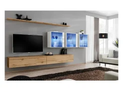 Conjunto de móveis para sala de estar SWITCH XVII, design mural, cor carvalho Wotan e branco brilhante.