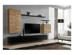 Conjunto de móveis para sala de estar SWITCH II design, cores carvalho wotan e preto. Acabamentos com efeito de carvalho fresado e preto brilhante.