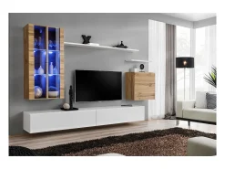Conjunto de móveis para sala de estar SWITCH XII, design mural, nas cores branco brilhante e carvalho Wotan.