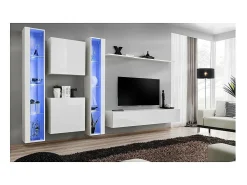 Conjunto de móveis para sala de estar SWITCH XVI, design mural, na cor branco brilhante.