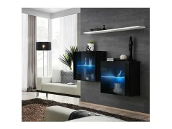 Conjunto de móveis para sala de estar SWITCH SBIII, design moderno, na cor preta brilhante com porta de vidro e sistema de LED integrado, prateleira branca.